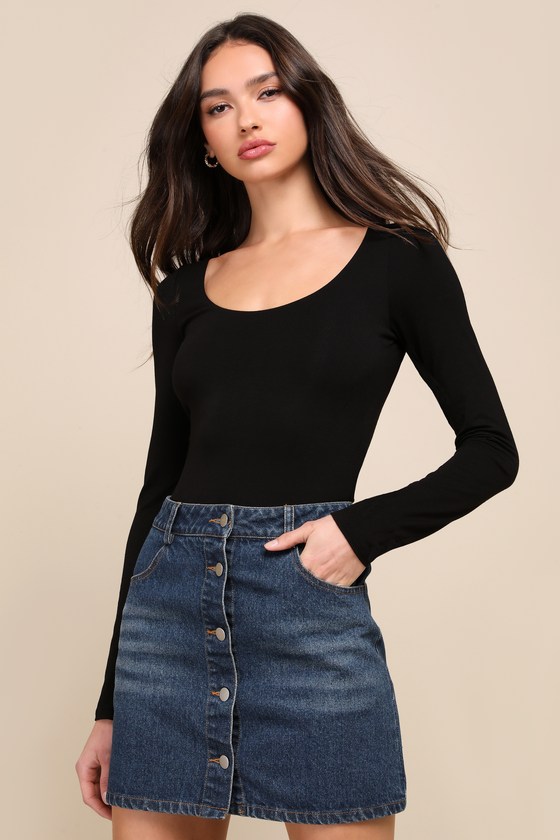 Lulus Easily Loved Black Long Sleeve Bodysuit In Black