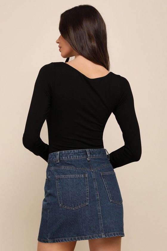Lulus Easily Loved Black Long Sleeve Bodysuit In Black