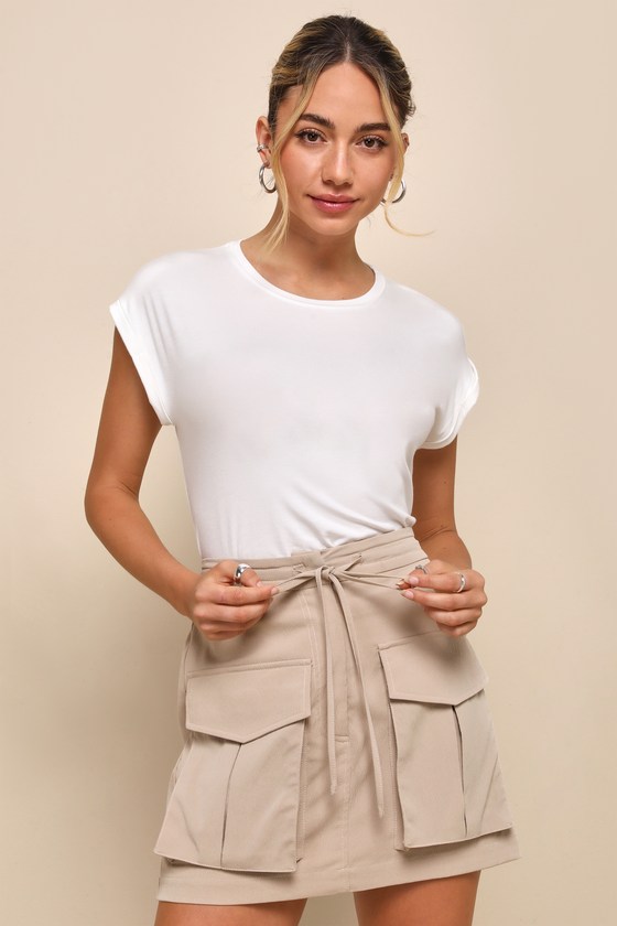 Edgy Persona Khaki High-Waisted Drawstring Cargo Mini Skirt 1