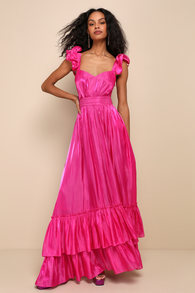 Pristine Glow Magenta Pink Ruffled Tie-Back Maxi Dress 1