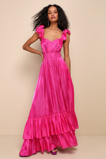 Pristine Glow Magenta Pink Ruffled Tie-Back Maxi Dress