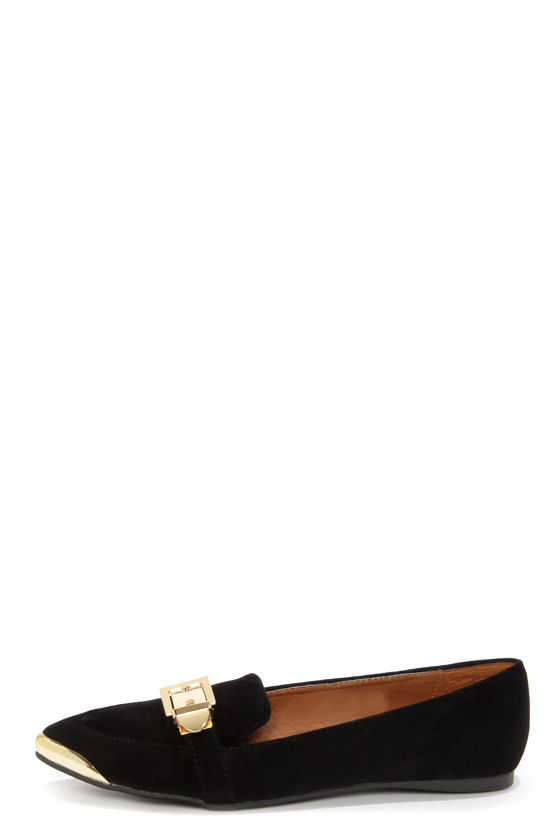 Mila 34 Black and Gold Pointed Smoking Loafers