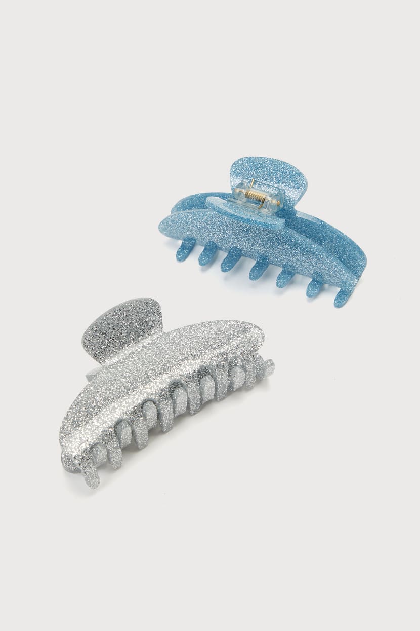 Blue and Sliver Hair Clips - Claw Clip Set - Glitter Hair  display picture 2