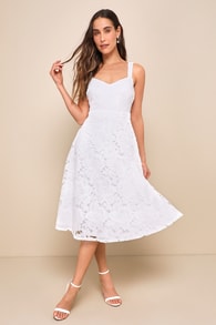Divine Beauty White Lace Midi Dress With Pockets