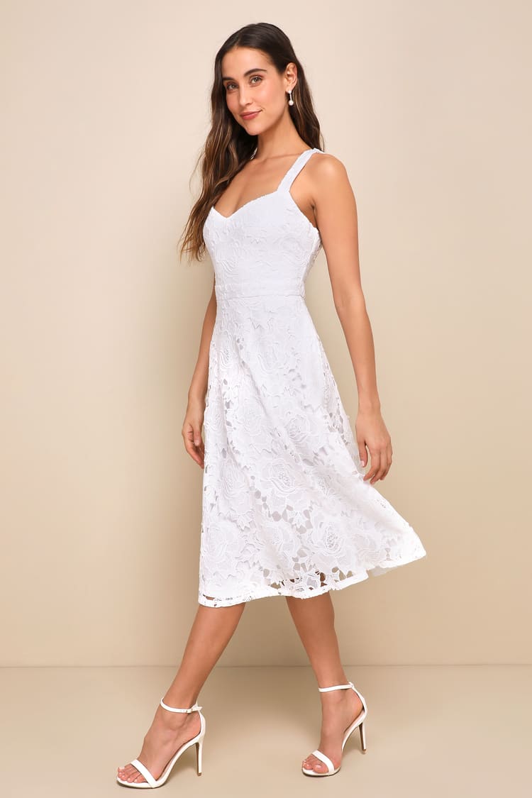 Divine Beauty White Lace Midi Dress With Pockets