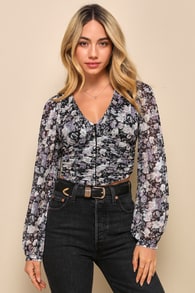 Chic Elevation Black Floral Mesh Ruched Corset Top
