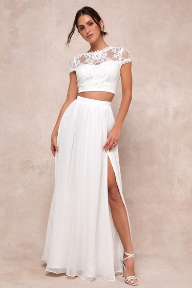 Lovely White Lace Dress Two-Piece Dress Lace Maxi Dress Lulus