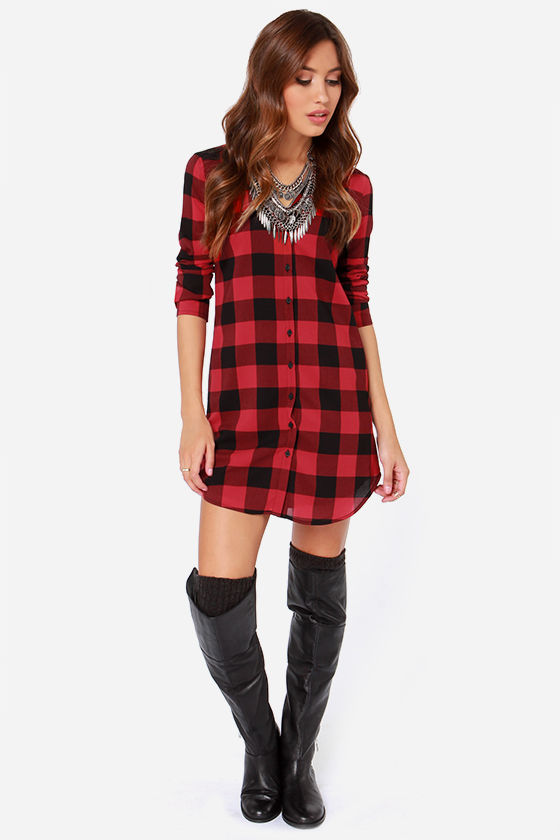 red plaid button up dress