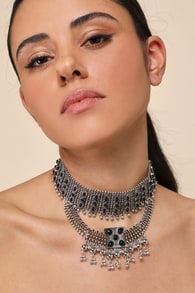 Styled at Heart Silver Layered Fringed Statement Necklace