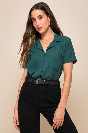 Good Luck Charm Dark Green Short Sleeve Button-Up Top 7