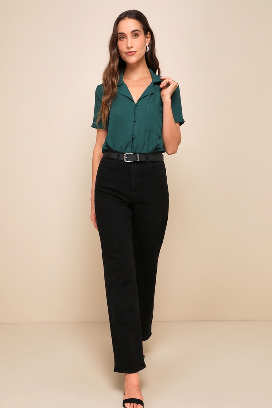 Good Luck Charm Dark Green Short Sleeve Button Up Top