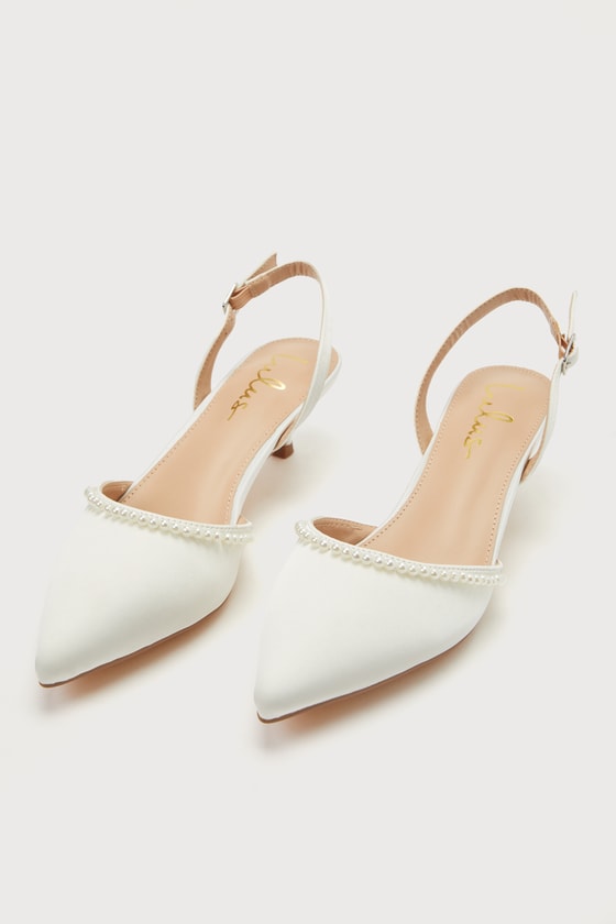 Phoebee White Satin Pearl Slingback Kitten Heel Pumps 2