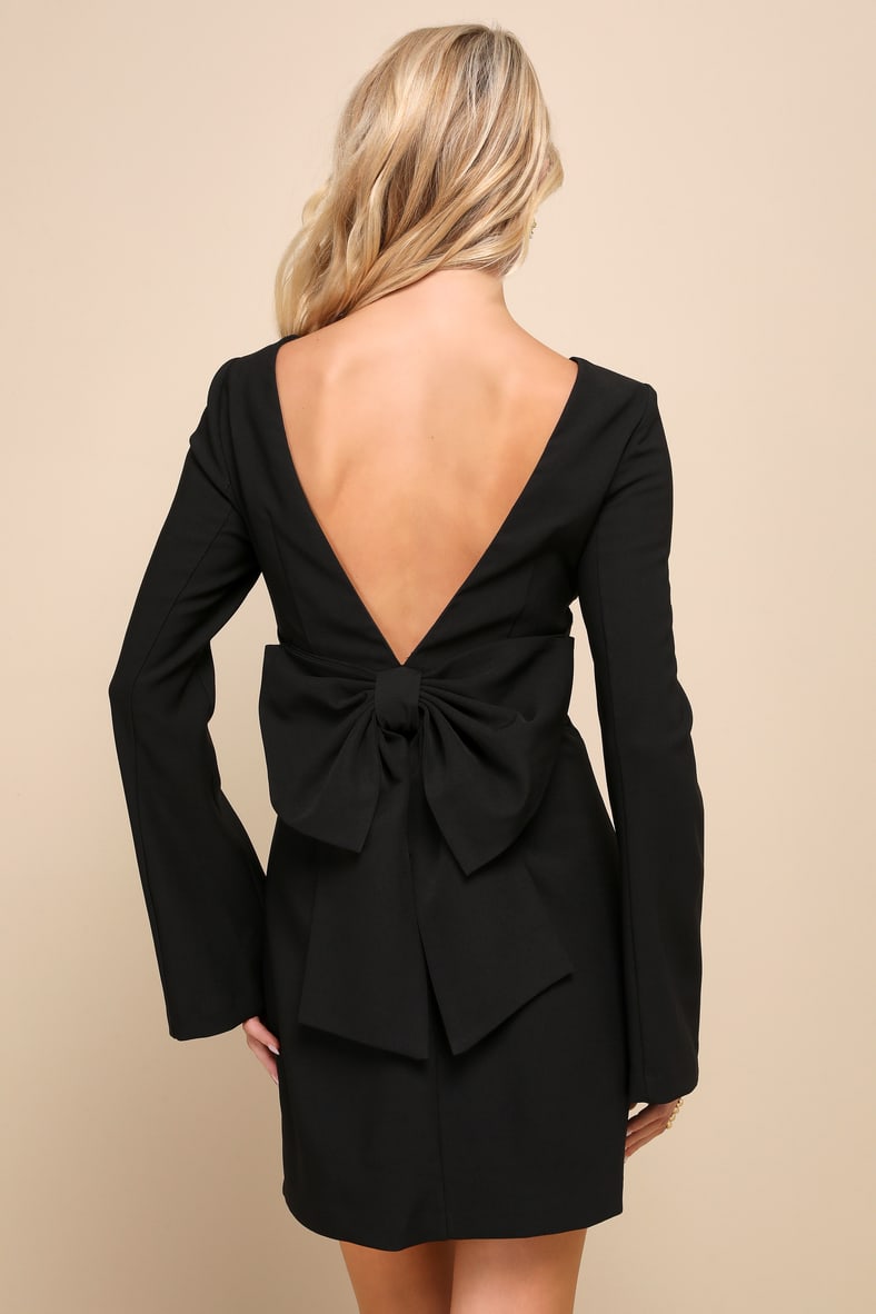Elegant Cutie Black Bow Long Sleeve Backless Mini Dress