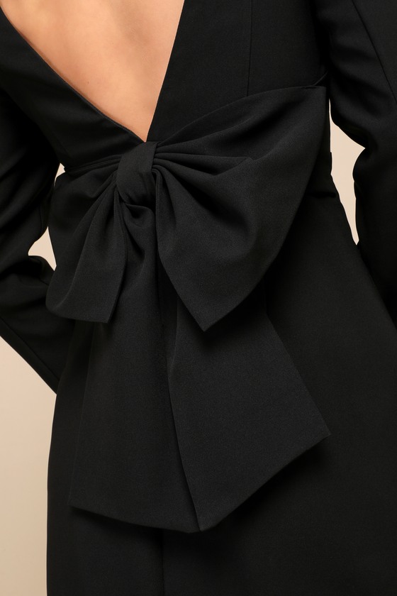 Lulus Elegant Cutie Black Bow Long Sleeve Backless Mini Dress In Black