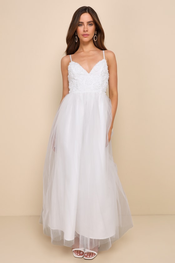 White 3D Floral Dress - White Tulle Maxi Dress - Sleeveless Dress - Lulus