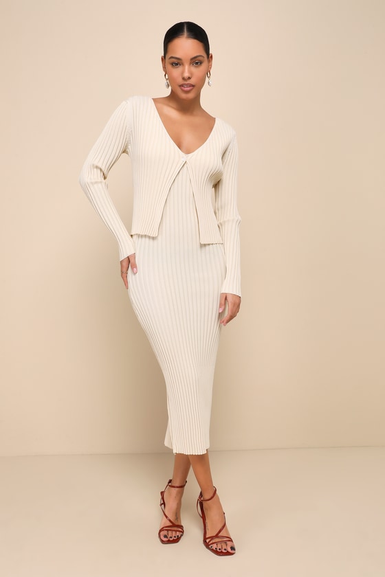 Beige Ribbed Dress - Dress & Cardi Dress - Two-Piece Midi
