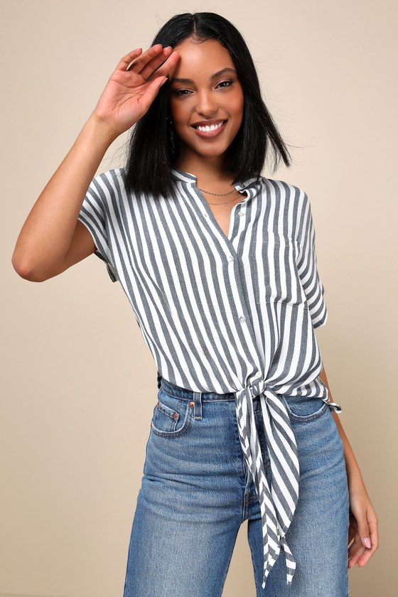 Newport Beach Grey and White Striped Top 11