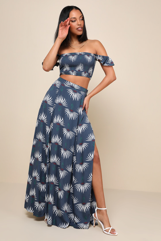 Trancoso Dusty Blue Floral Print Two-Piece Maxi Dress