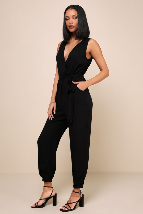 Black Jumpsuit Sleeveless Jumpsuit Surplice Jumpsuit Lulus