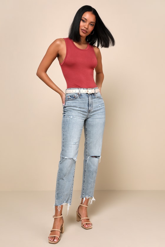 Straight Up Light Wash High Rise Distressed Denim Jeans 1