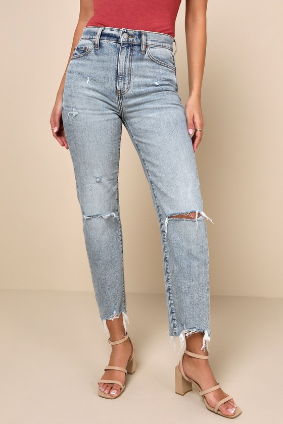 Straight Up Light Wash High Rise Distressed Denim Jeans 8