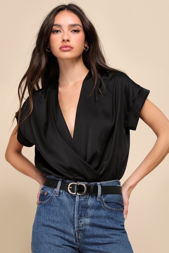 LULUS POSH PRECISION BLACK SATIN SURPLICE SHORT SLEEVE BODYSUIT