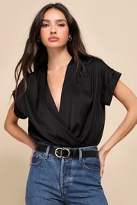 Posh Precision Black Satin Surplice Short Sleeve Bodysuit