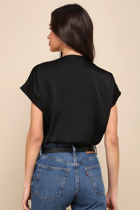 LULUS POSH PRECISION BLACK SATIN SURPLICE SHORT SLEEVE BODYSUIT