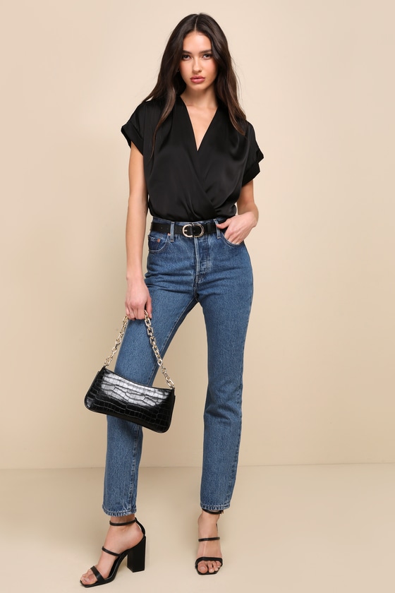 LULUS POSH PRECISION BLACK SATIN SURPLICE SHORT SLEEVE BODYSUIT
