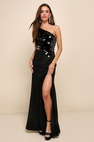 Shimmering Allure Black Sequin Cutout One-Shoulder Maxi Dress