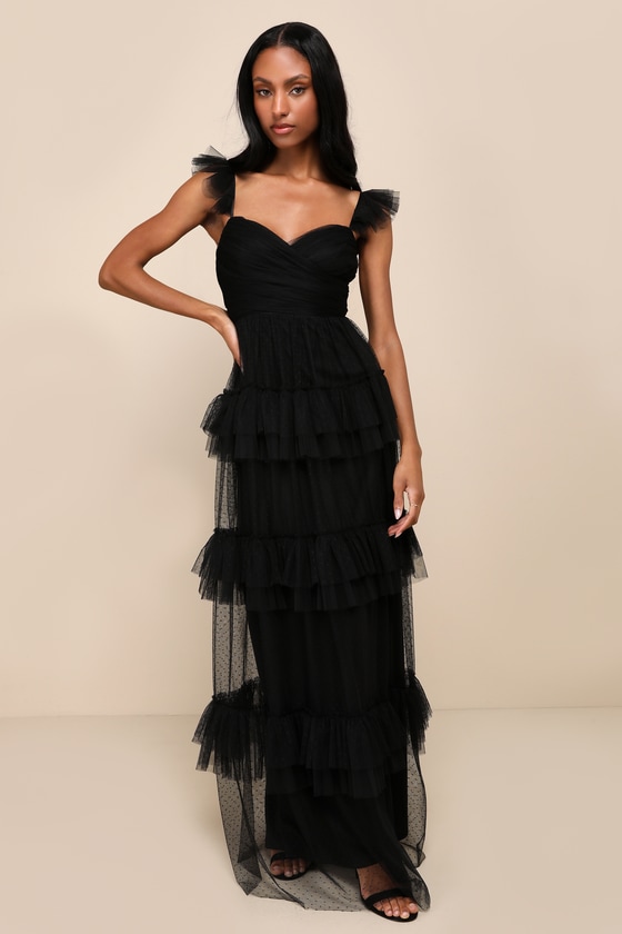 Lulus Pure Radiance Black Mesh Swiss Dot Backless Tiered Maxi Dress In Black
