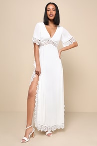 Sweeten the Occasion White Lace Short Sleeve Maxi Dress