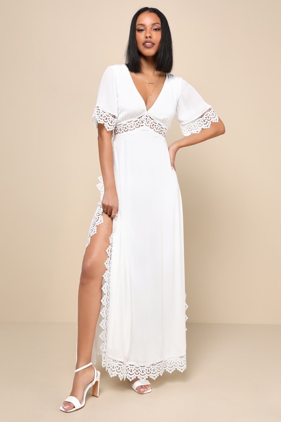Sweeten the Occasion White Lace Short Sleeve Maxi Dress 10