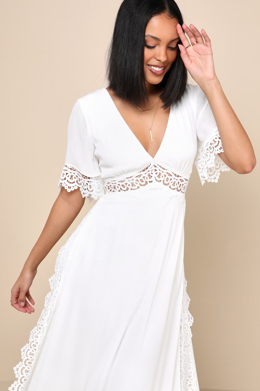 Sleeve Short Length Maxi Dress Flowy White Maxi Dress Crochet Lace