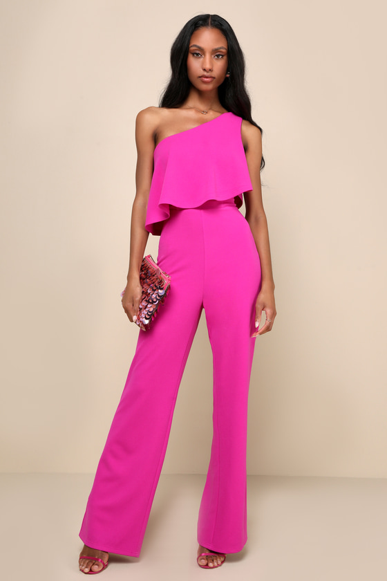 Flirty Magenta Jumpsuit - One-Shoulder Jumpsuit - Tiered Jumpsuit - Lulus