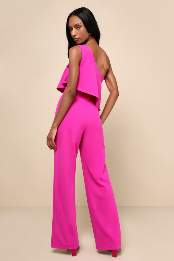 Lulus Flawless Vibes Magenta One-shoulder Tiered Wide-leg Jumpsuit In Magenta