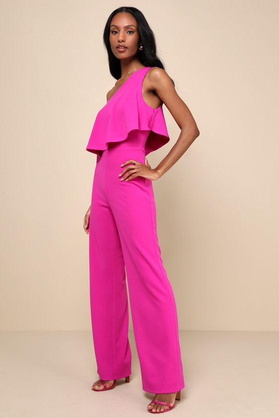Lulus Flawless Vibes Magenta One-shoulder Tiered Wide-leg Jumpsuit In Magenta