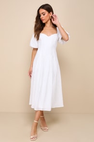 Heavenly Energy White Textured Puff Sleeve Pleated Midi Dress