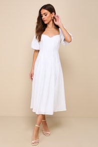 Heavenly Energy White Textured Puff Sleeve Pleated Midi Dress 2