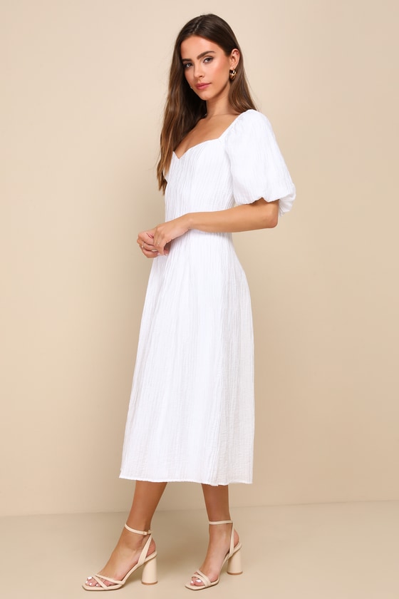 LULUS HEAVENLY ENERGY WHITE TEXTURED PUFF SLEEVE PLEATED MIDI DRESS