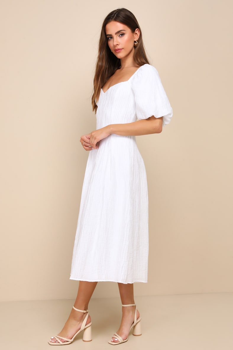 Heavenly Energy White Textured Puff Sleeve Pleated Midi Dress