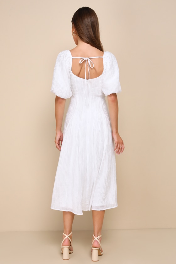 White Textured Dress - Puff Sleeve Midi Dress - Pleated