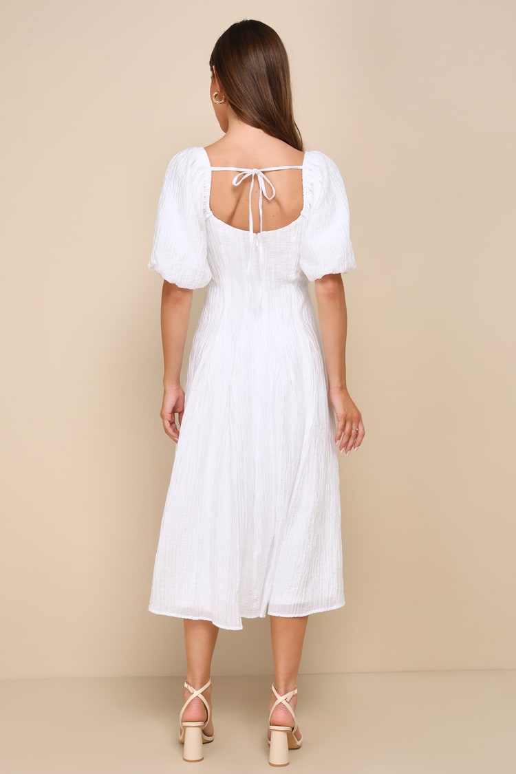 Heavenly Energy White Textured Puff Sleeve Pleated Midi Dress