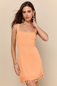 Feel the Sunshine Washed Orange Tassel Mini Dress