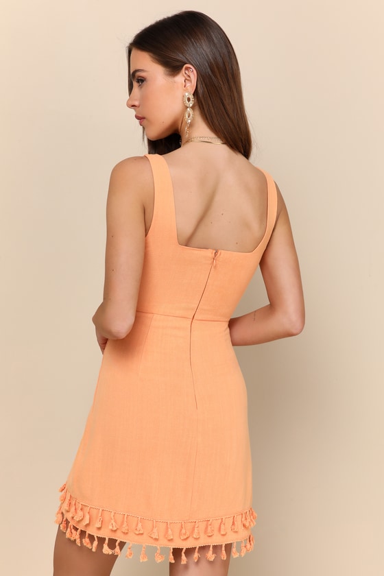 Feel the Sunshine Washed Orange Tassel Mini Dress