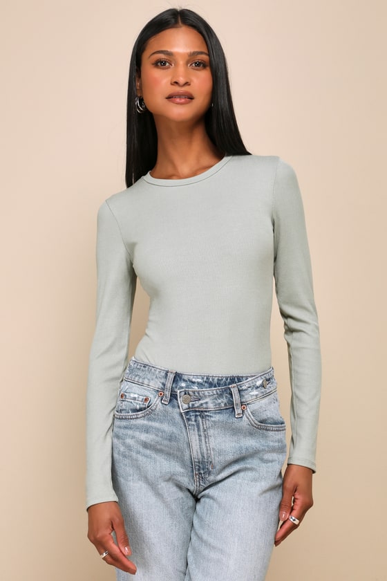 Sage Green Bodysuit - Ribbed Knit Bodysuit - Crew Neck Bodysuit - Lulus