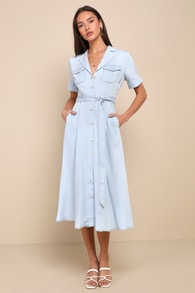 Pleasant Cutie Blue Chambray Collared Midi Dress With Pockets 1