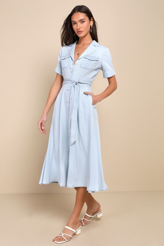 LULUS PLEASANT CUTIE BLUE CHAMBRAY COLLARED MIDI DRESS WITH POCKETS