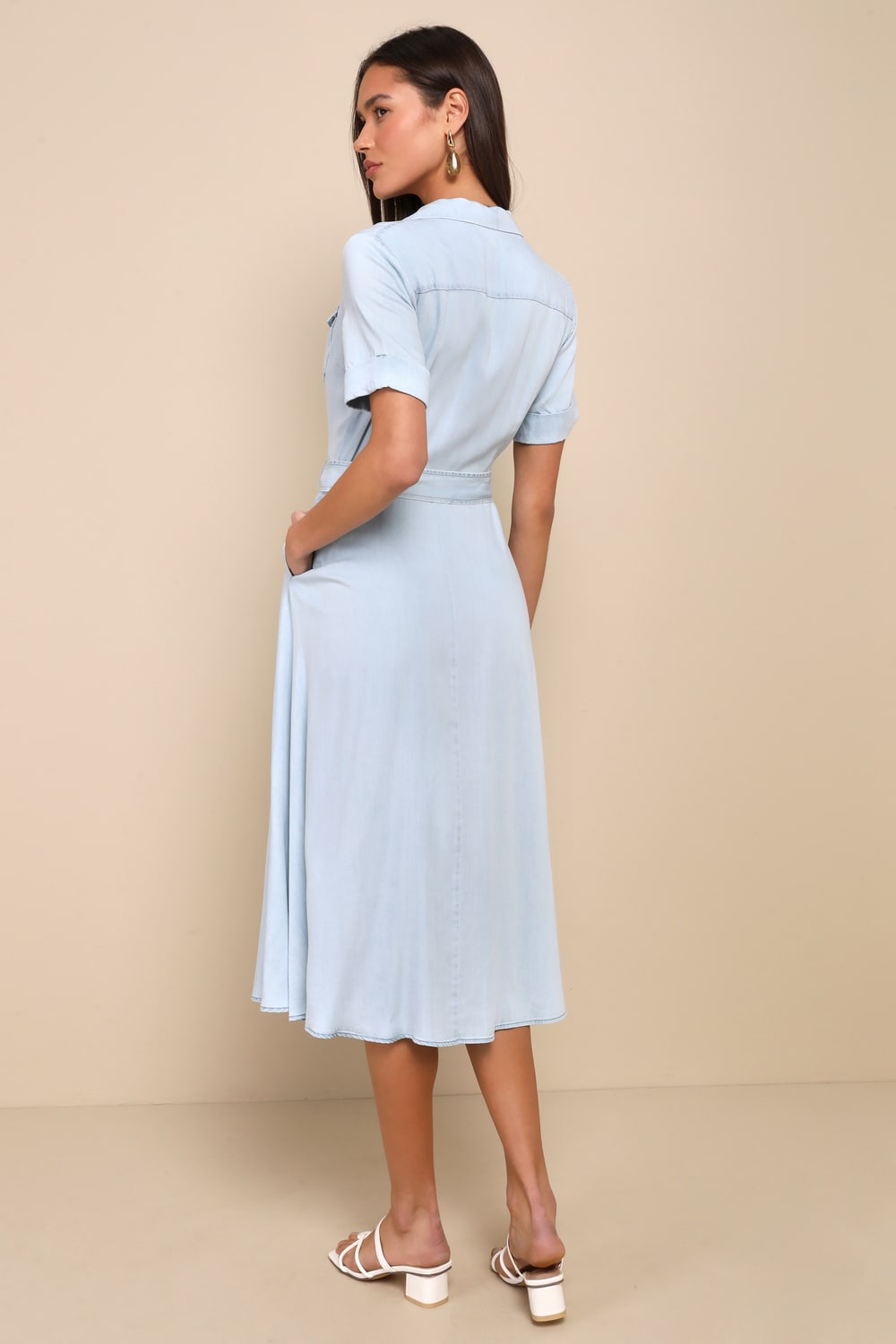 Pleasant Cutie Blue Chambray Collared Midi Dress With Pockets