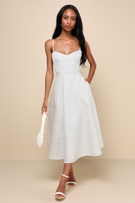 Meet for Tea White Jacquard Bustier Midi Dress With Pockets